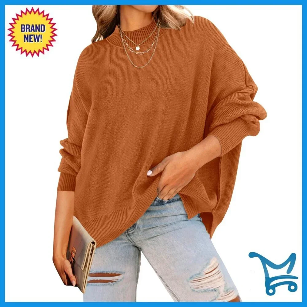 Oversized Ribbed Knit Pullover Sweater Batwing Sleeve Side Slit Chic Fall